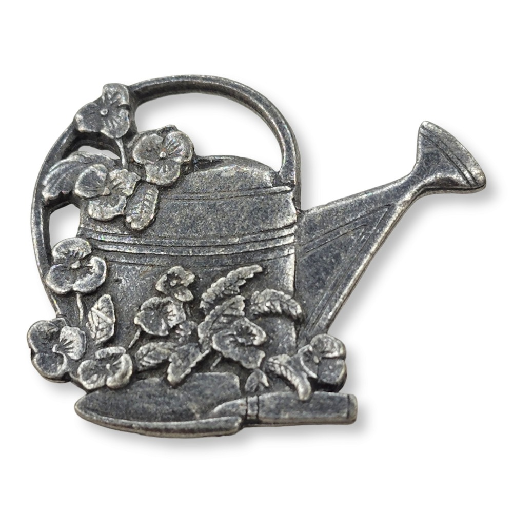 Birds & Blooms Pin Brooch Pewter Tone Silver Watering Can‎ Floral Garden 2000